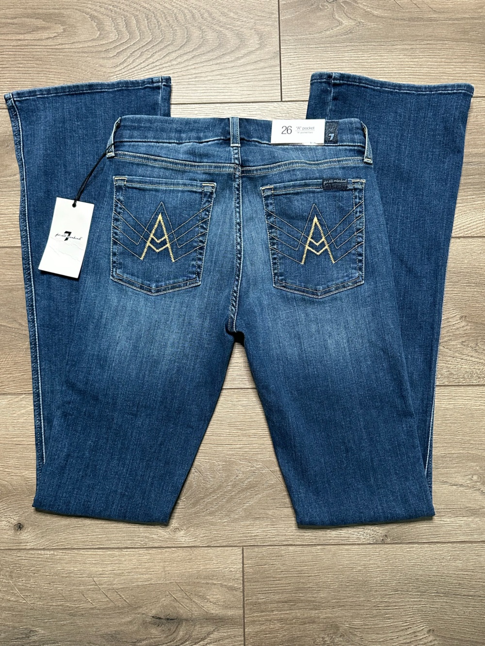 7 For All Mankind 33.5” A Pocket Flare Mid Rise Stretch Blue Jeans Size 26 - Picture 5 of 12